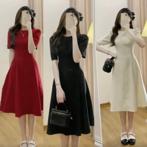 Đầm dự tiệc nữ dáng xòe tay bồng cổ tròn thanh lịch sang chảnh