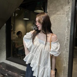 Áo sơ mi babydoll thô PUKA TOP tay cộc viền ren mặc 2 kiểu