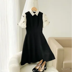 Váy thiết kế dáng suông tay bồng đính nơ thanh lịch nhẹ nhàng