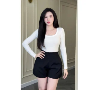Quần short nữ đùi 2 lớp cạp cao dáng A có túi thanh lịch