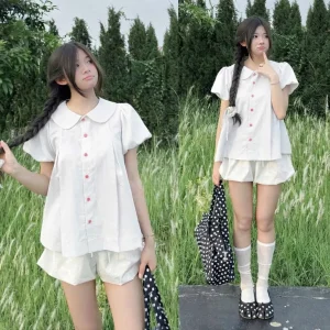 Áo sơ mi bèo cổ sen tay bồng dáng babydoll siêu xinh