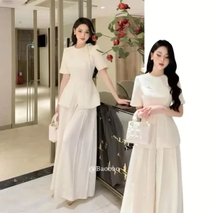 Set áo peplum kèm quần ống rộng xếp ly cạp cao,set bộ nữ công sở thanh lịch sang chảnh