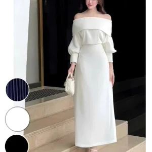 Váy nữ sang chảnh dài tay trễ vai dáng dài thanh lịch dự tiệc mùa đông